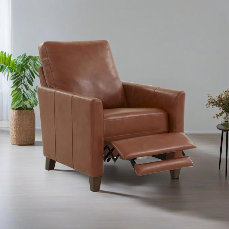 Fauteuil inclinable manuel en similicuir caramel à pieds en bois