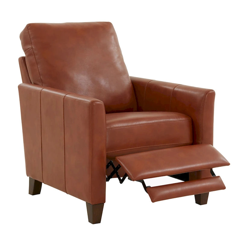Fauteuil inclinable manuel en similicuir caramel à pieds en bois