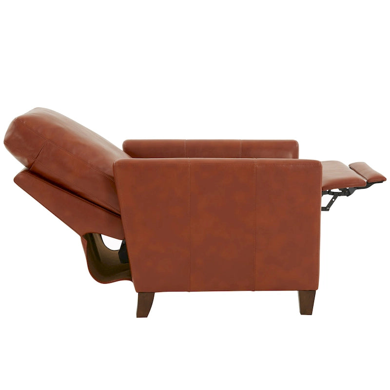 Fauteuil inclinable manuel en similicuir caramel à pieds en bois