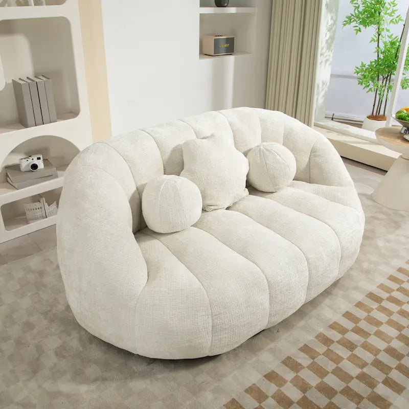 Causeuse de canapé rembourrée en chenille nuage blanc avec oreillers ronds