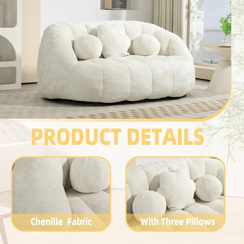 Causeuse de canapé rembourrée en chenille nuage blanc avec oreillers ronds