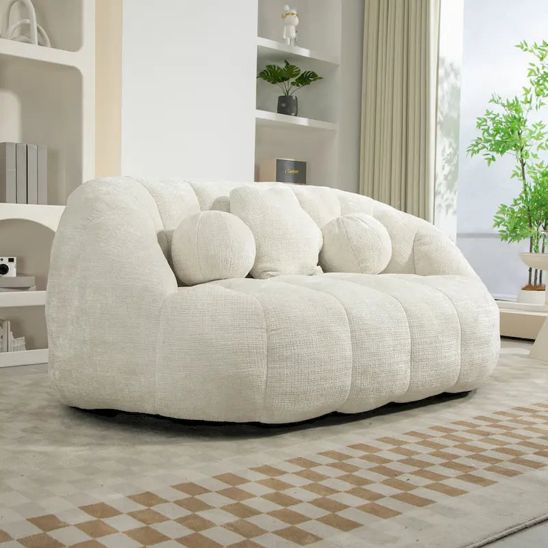Causeuse de canapé rembourrée en chenille nuage blanc avec oreillers ronds