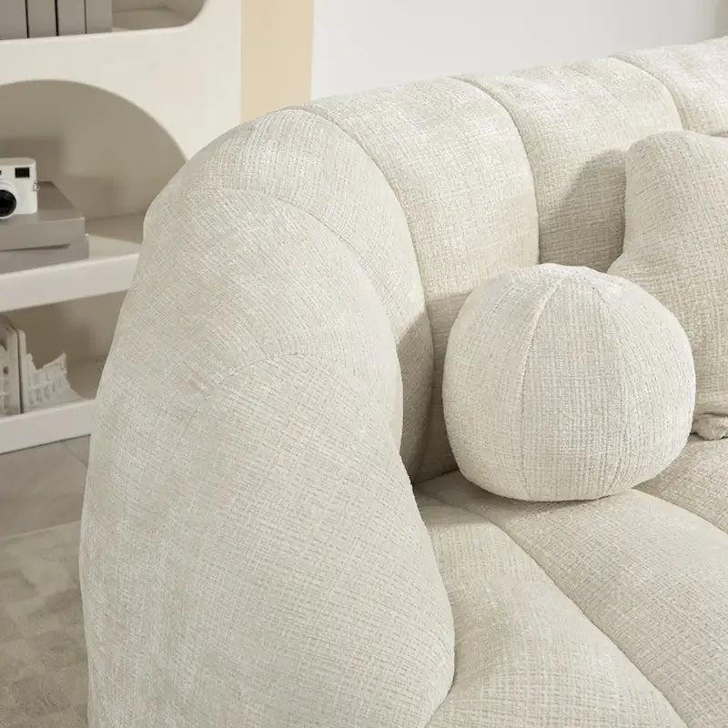 Causeuse de canapé rembourrée en chenille nuage blanc avec oreillers ronds