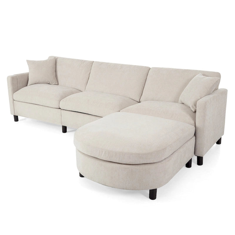 Canapé d'angle en tissu beige avec pouf rond mobile et accoudoir-sac