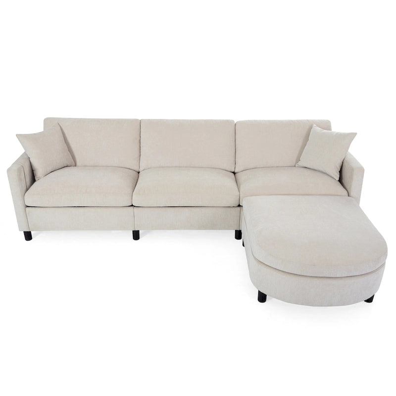 Canapé d'angle en tissu beige avec pouf rond mobile et accoudoir-sac