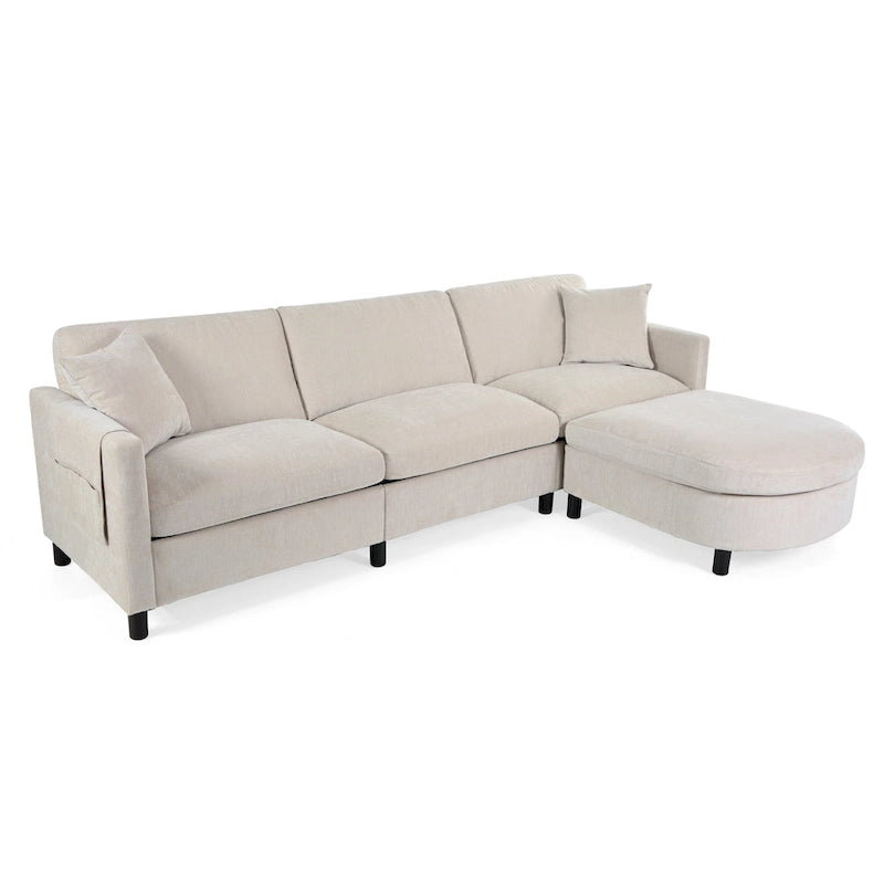 Canapé d'angle en tissu beige avec pouf rond mobile et accoudoir-sac