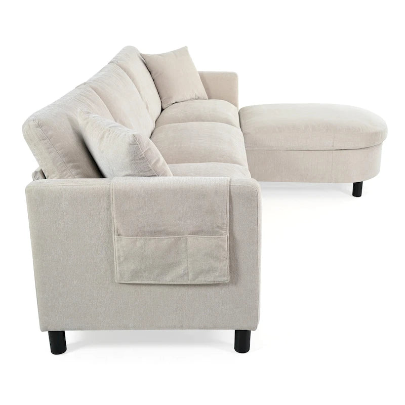 Canapé d'angle en tissu beige avec pouf rond mobile et accoudoir-sac