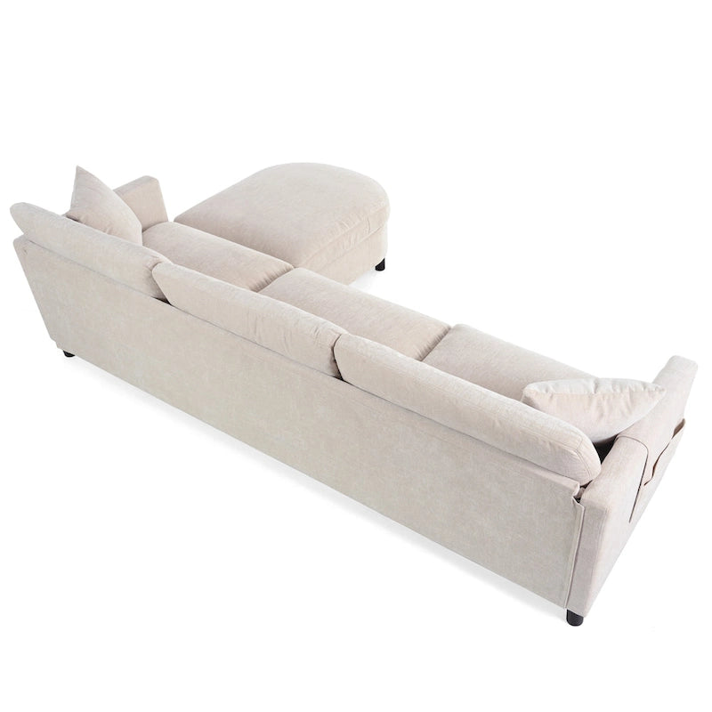 Canapé d'angle en tissu beige avec pouf rond mobile et accoudoir-sac