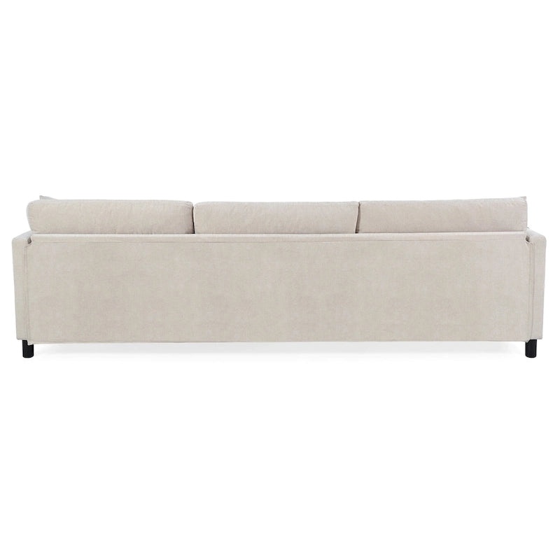Canapé d'angle en tissu beige avec pouf rond mobile et accoudoir-sac