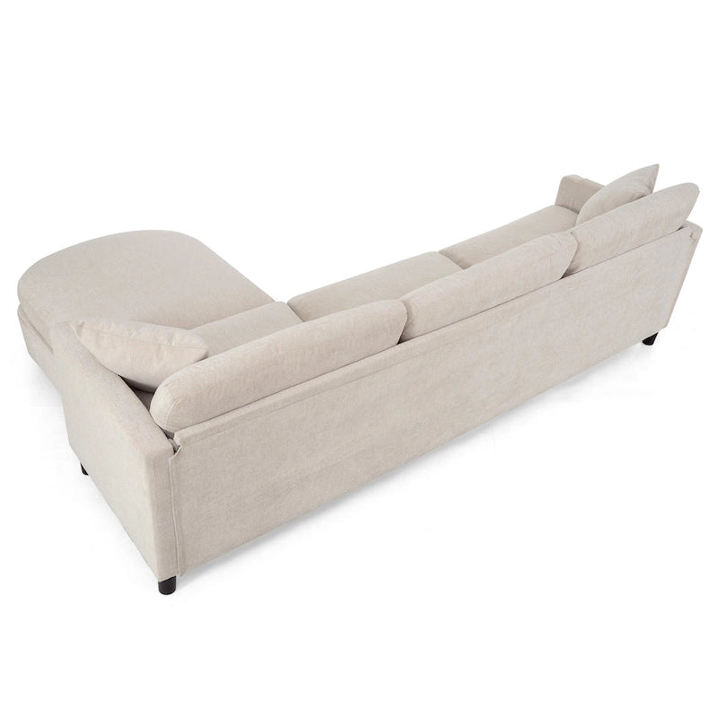Canapé d'angle en tissu beige avec pouf rond mobile et accoudoir-sac