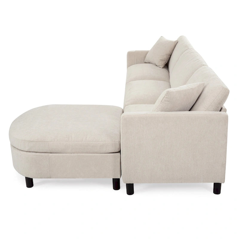 Canapé d'angle en tissu beige avec pouf rond mobile et accoudoir-sac