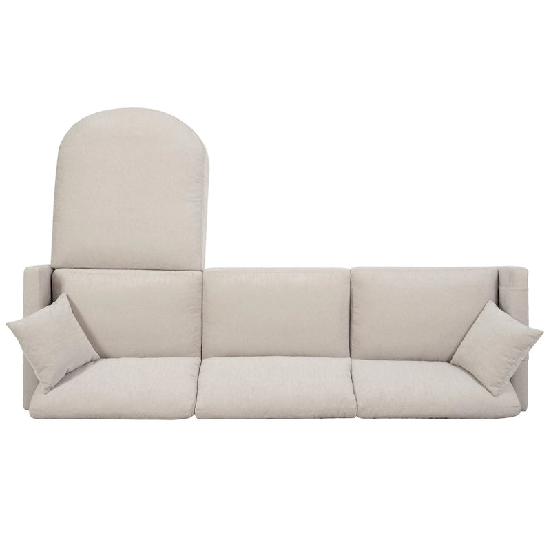 Canapé d'angle en tissu beige avec pouf rond mobile et accoudoir-sac