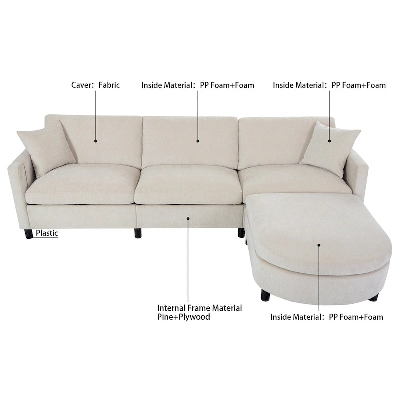 Canapé d'angle en tissu beige avec pouf rond mobile et accoudoir-sac