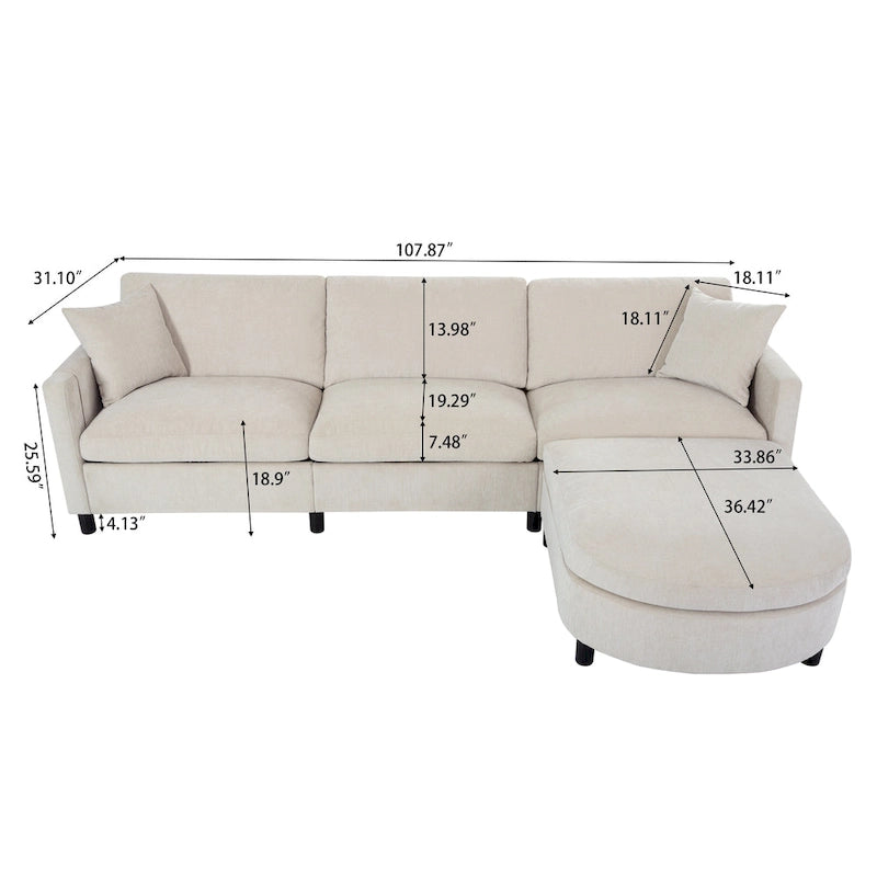 Canapé d'angle en tissu beige avec pouf rond mobile et accoudoir-sac