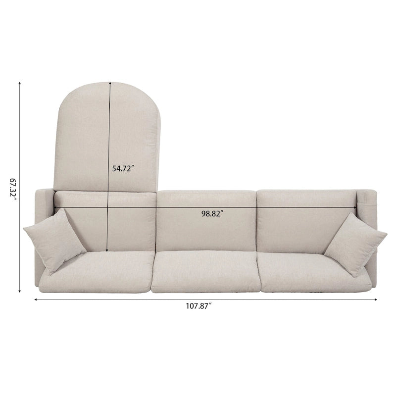 Canapé d'angle en tissu beige avec pouf rond mobile et accoudoir-sac