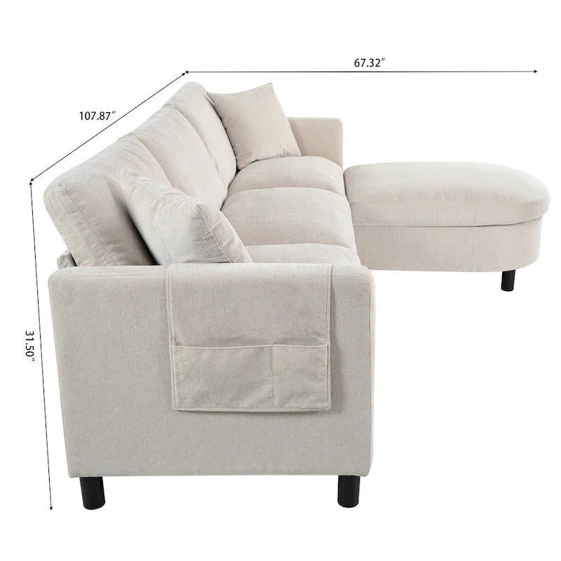 Canapé d'angle en tissu beige avec pouf rond mobile et accoudoir-sac