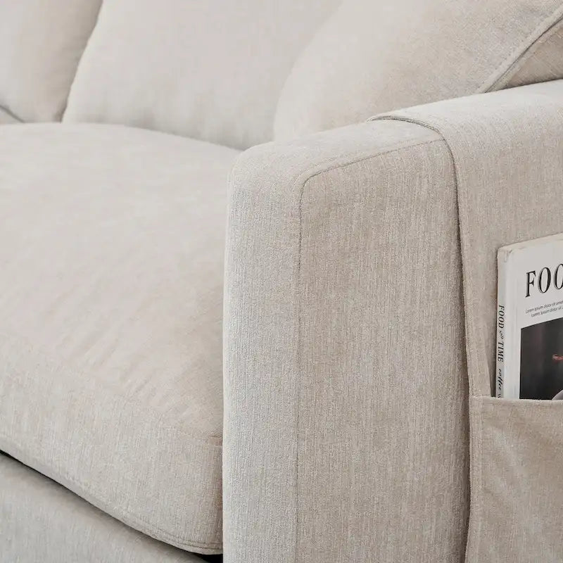 Canapé d'angle en tissu beige avec pouf rond mobile et accoudoir-sac