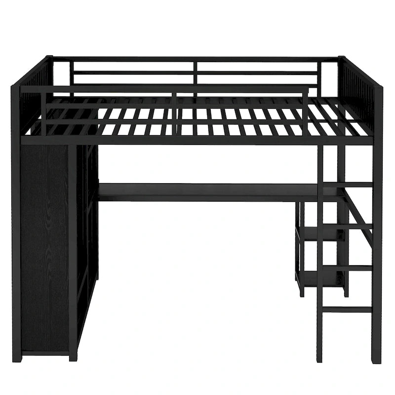 Cadre de lit mezzanine en métal noir avec armoire, bureau et étagères de rangement