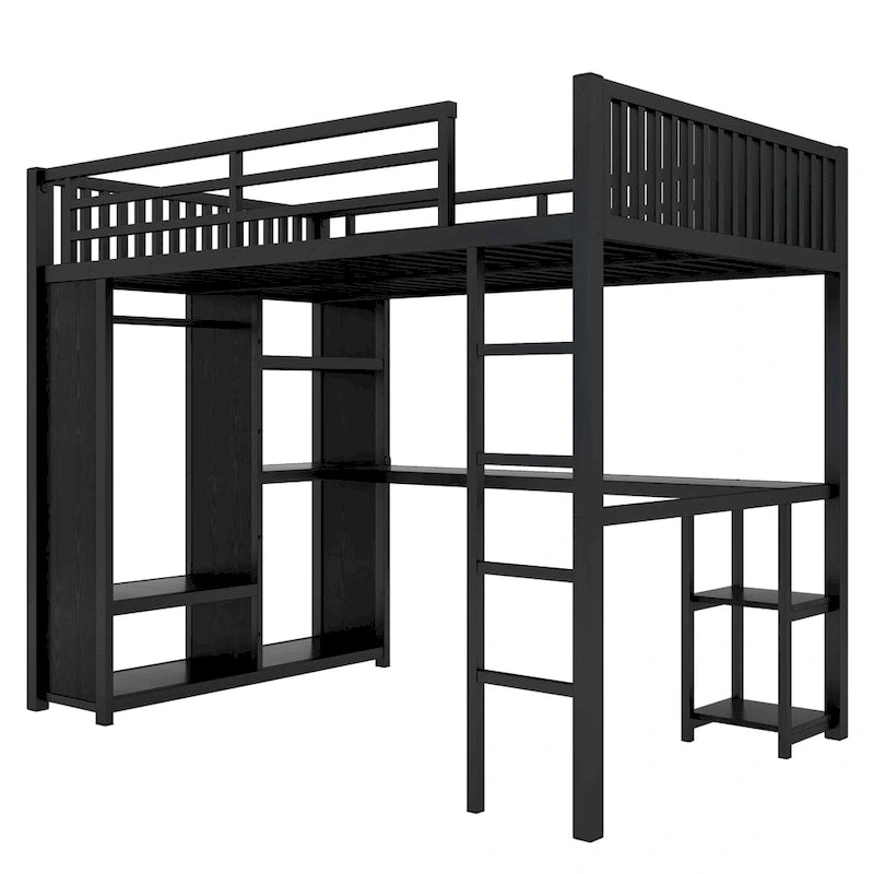 Cadre de lit mezzanine en métal noir avec armoire, bureau et étagères de rangement