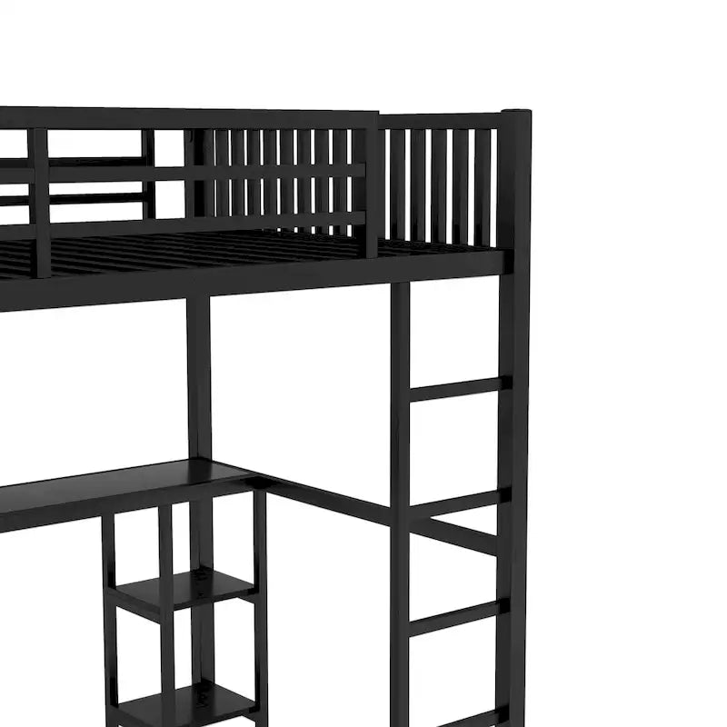 Cadre de lit mezzanine en métal noir avec armoire, bureau et étagères de rangement