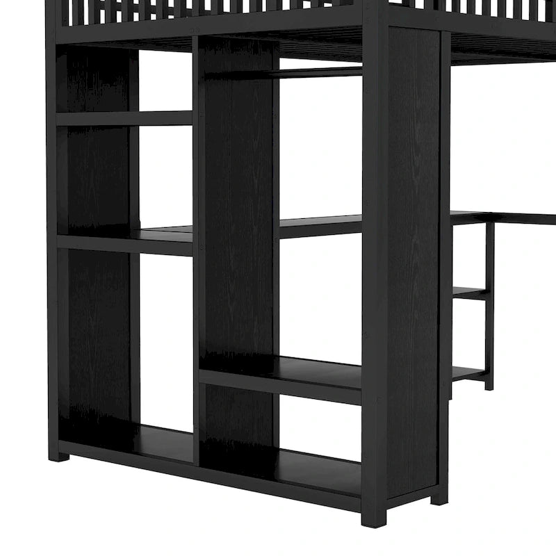 Cadre de lit mezzanine en métal noir avec armoire, bureau et étagères de rangement