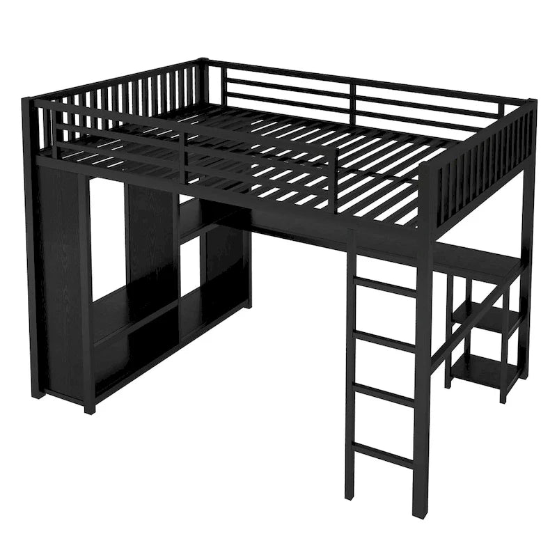 Cadre de lit mezzanine en métal noir avec armoire, bureau et étagères de rangement
