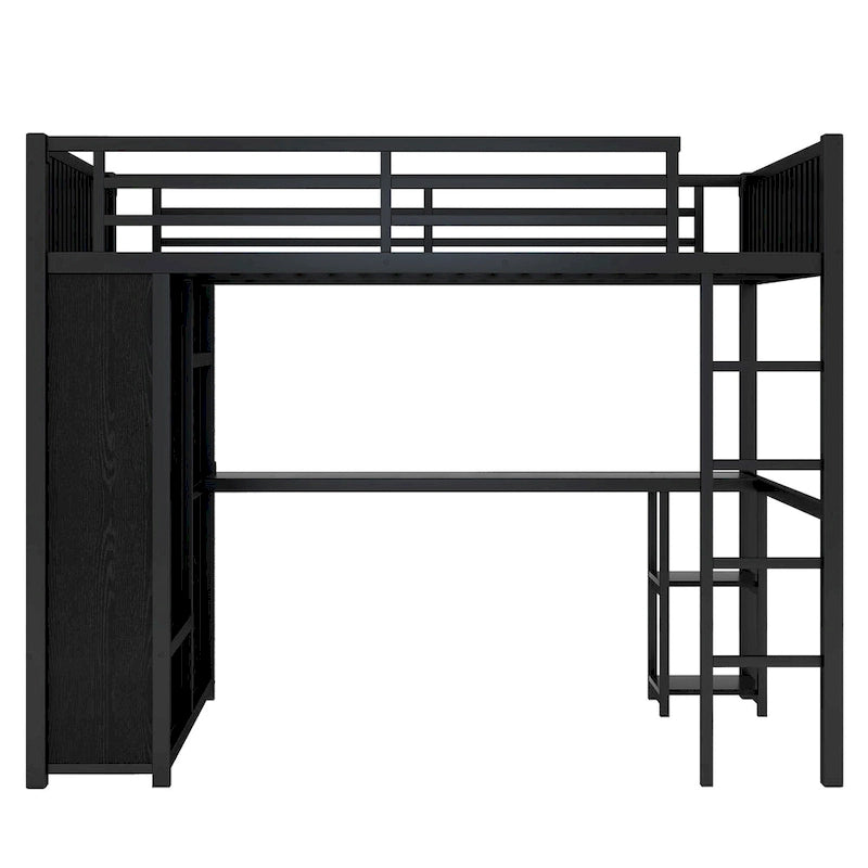 Cadre de lit mezzanine en métal noir avec armoire, bureau et étagères de rangement