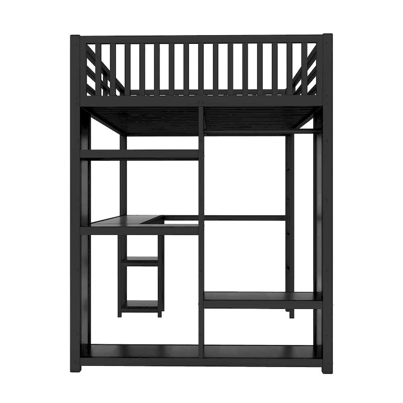 Cadre de lit mezzanine en métal noir avec armoire, bureau et étagères de rangement