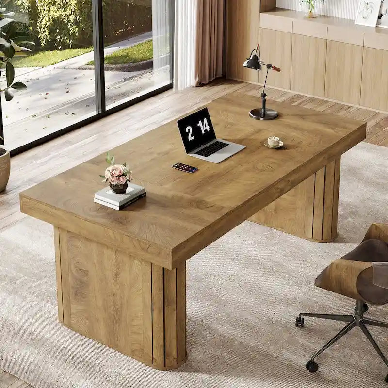 Grand bureau d'ordinateur de direction rustique marron avec base ovale pour bureau à domicile