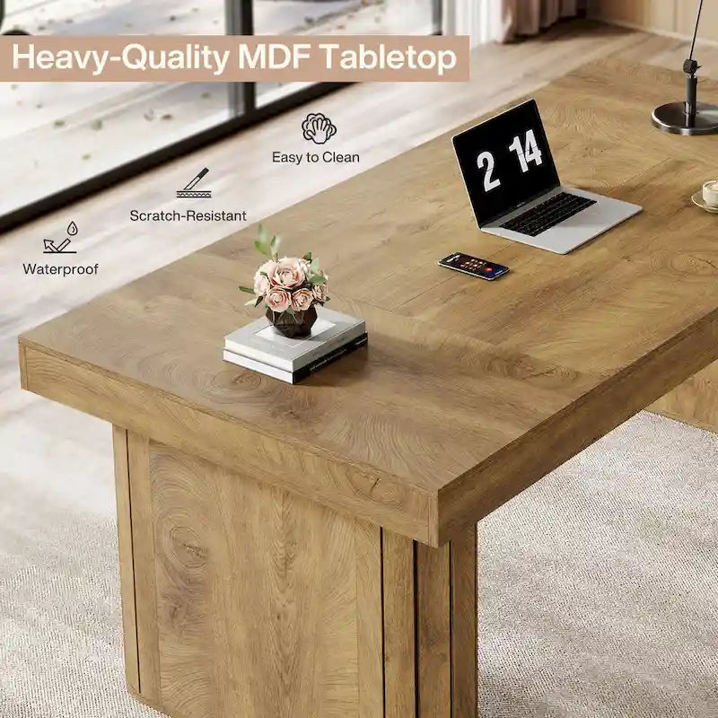 Grand bureau d'ordinateur de direction rustique marron avec base ovale pour bureau à domicile