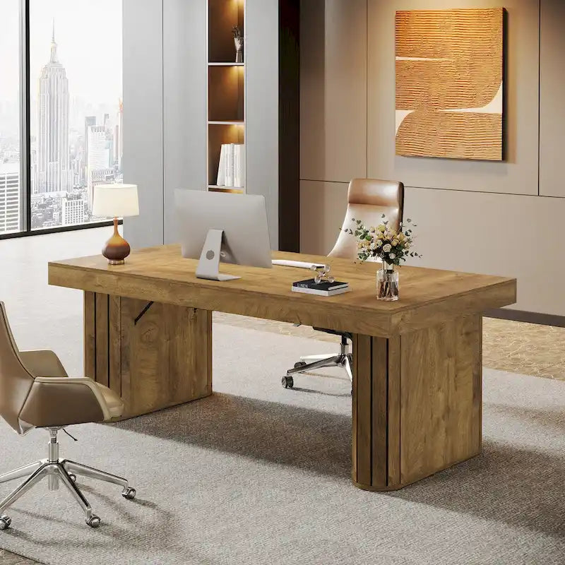 Grand bureau d'ordinateur de direction rustique marron avec base ovale pour bureau à domicile