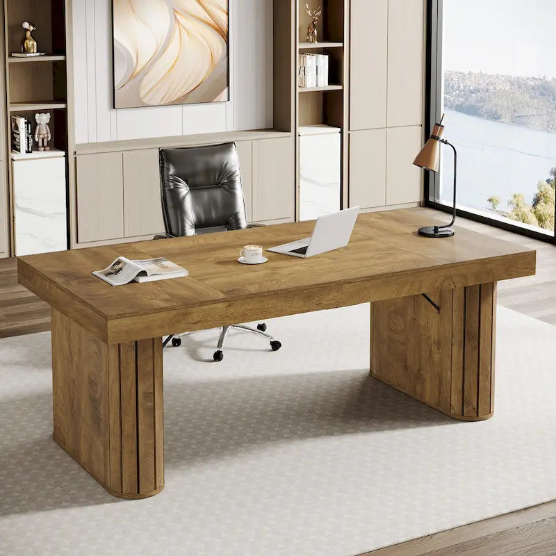 Grand bureau d'ordinateur de direction rustique marron avec base ovale pour bureau à domicile