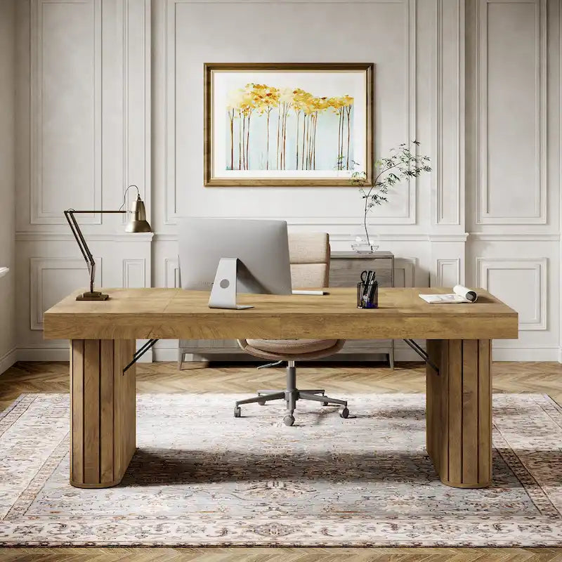 Grand bureau d'ordinateur de direction rustique marron avec base ovale pour bureau à domicile