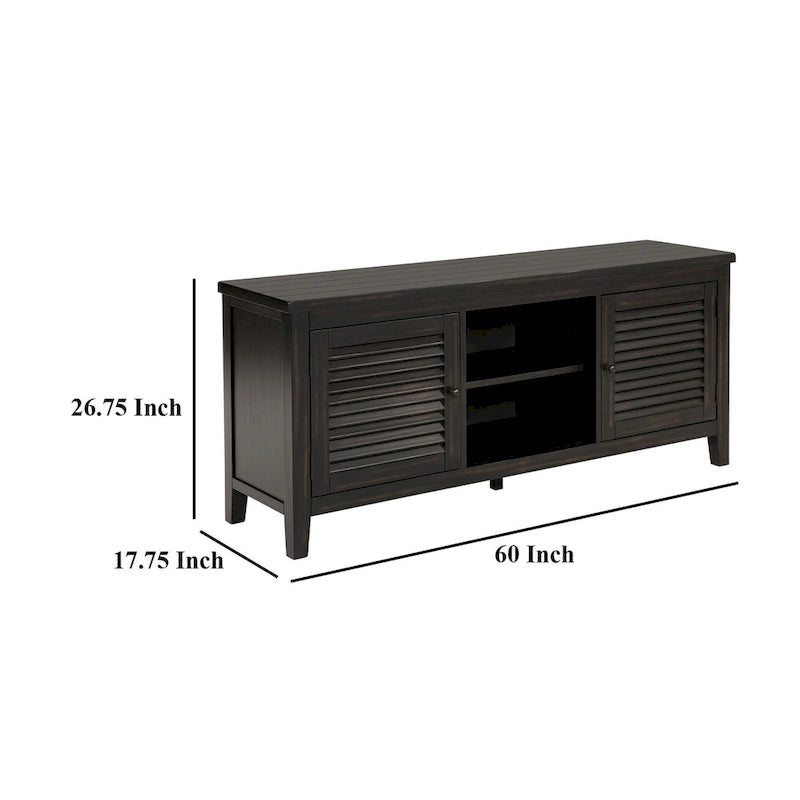 Meuble TV avec portes à persiennes et étagères ouvertes, en bois noir vieilli