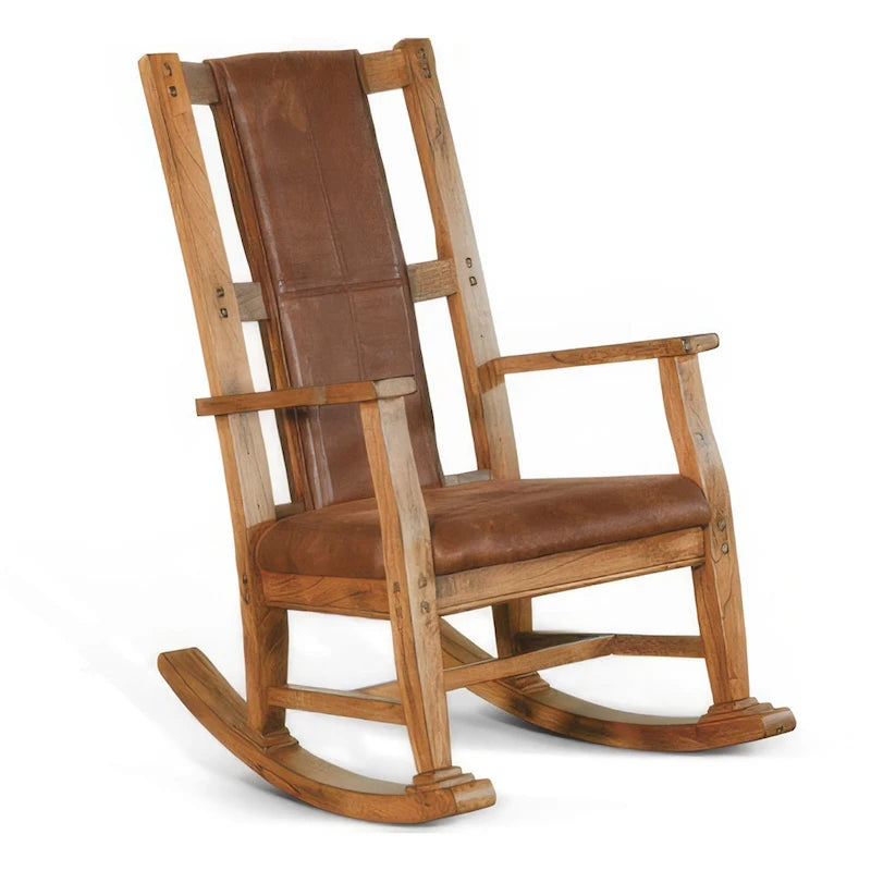 Fauteuil à bascule rustique en bois de chêne avec assise et dossier rembourrés en similicuir marron