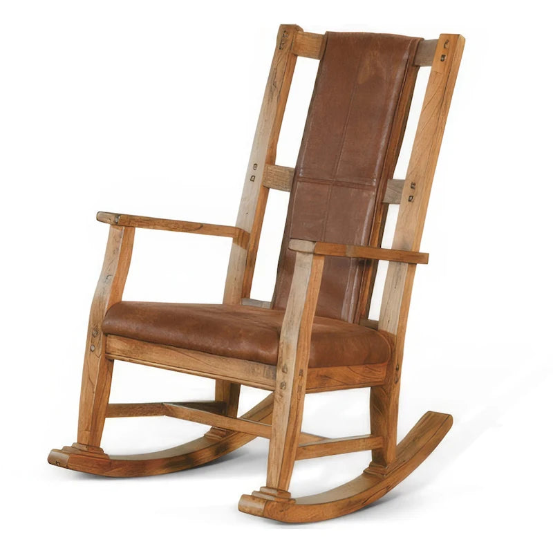 Fauteuil à bascule rustique en bois de chêne avec assise et dossier rembourrés en similicuir marron