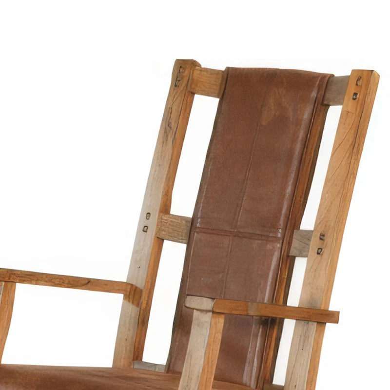 Fauteuil à bascule rustique en bois de chêne avec assise et dossier rembourrés en similicuir marron