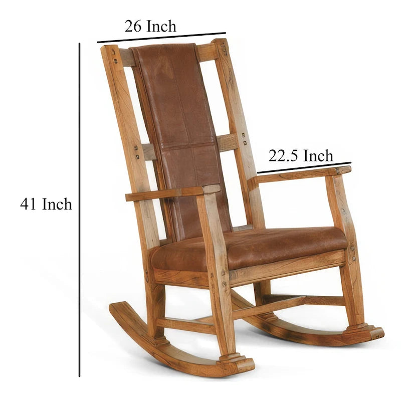 Fauteuil à bascule rustique en bois de chêne avec assise et dossier rembourrés en similicuir marron