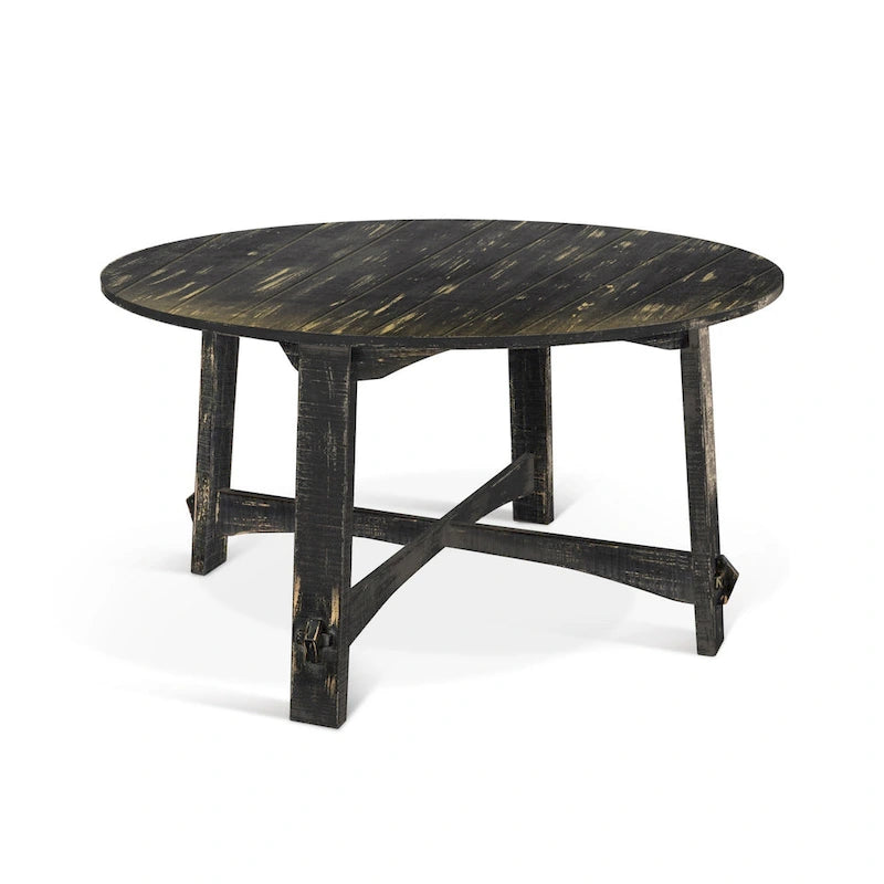 Table à manger ronde en bois d'acajou à lattes, avec piètement tréteau, finition noir fumé