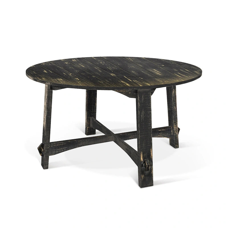 Table à manger ronde en bois d'acajou à lattes, avec piètement tréteau, finition noir fumé