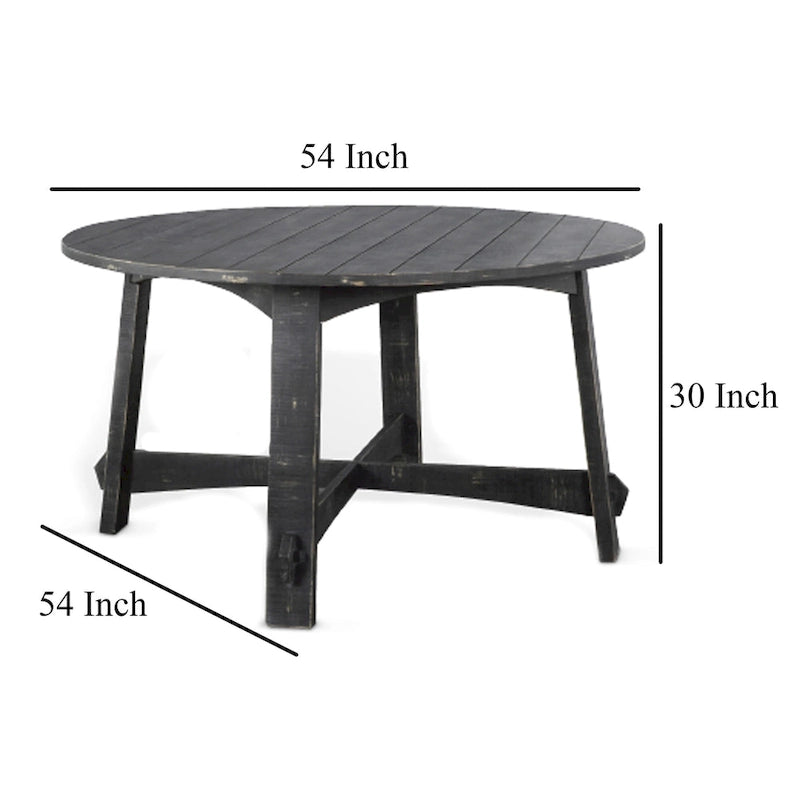 Table à manger ronde en bois d'acajou à lattes, avec piètement tréteau, finition noir fumé