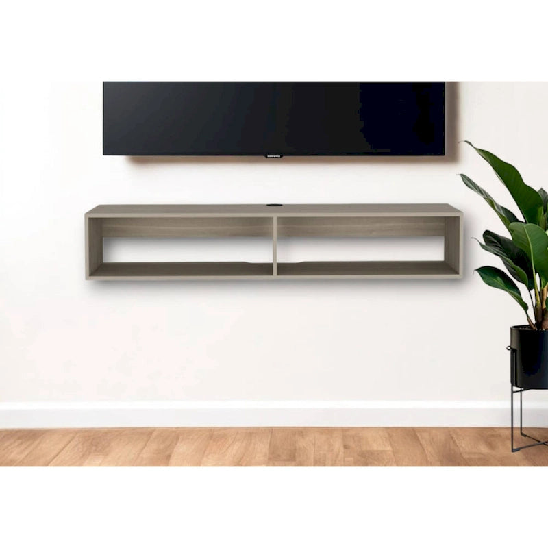 Meuble TV mural flottant avec étagères ouvertes et gestion des câbles Beige Blanc