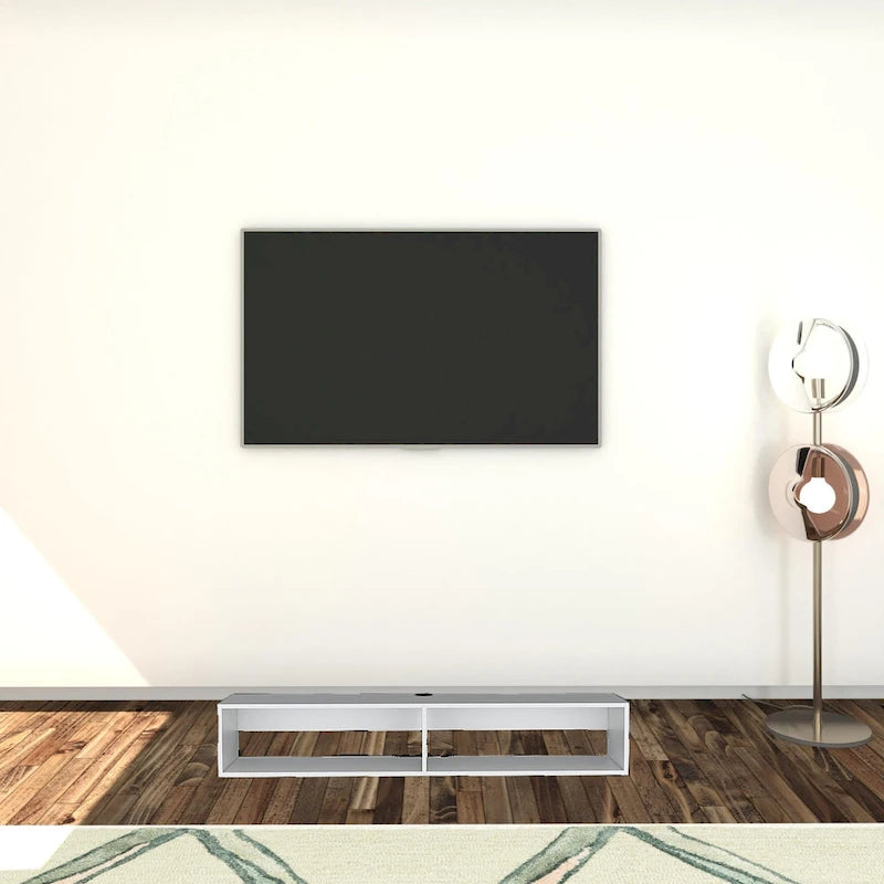 Meuble TV mural flottant avec étagères ouvertes et gestion des câbles Beige Blanc