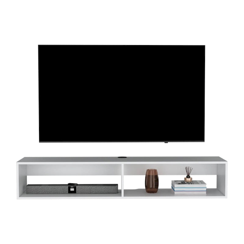 Meuble TV mural flottant avec étagères ouvertes et gestion des câbles Beige Blanc