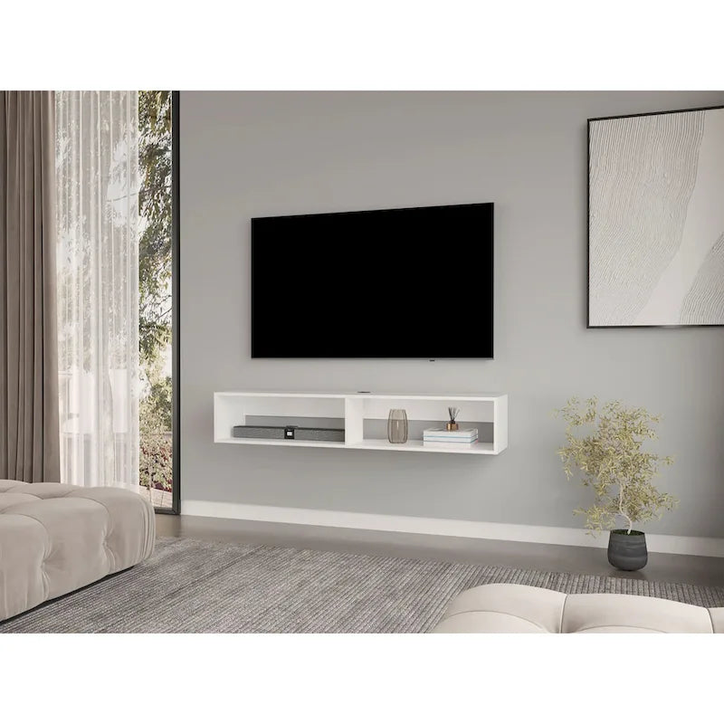 Meuble TV mural flottant avec étagères ouvertes et gestion des câbles Beige Blanc