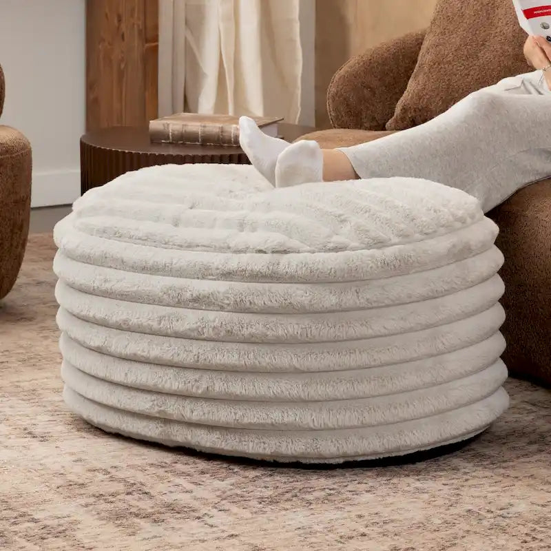 Pouf rembourré rond en fausse fourrure côtelée, gris