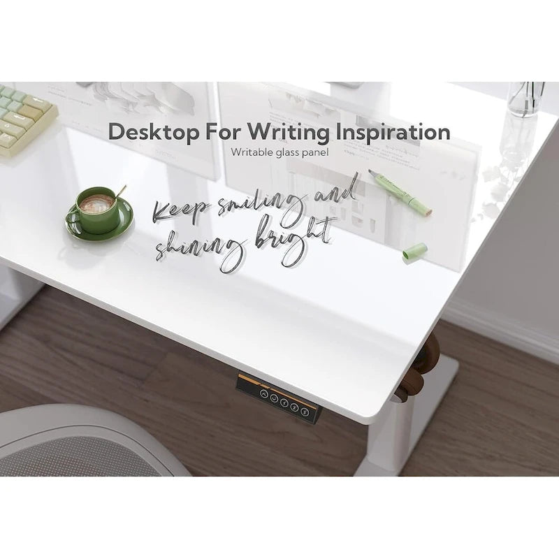 Bureau réglable en hauteur électrique avec plateau en verre trempé blanc