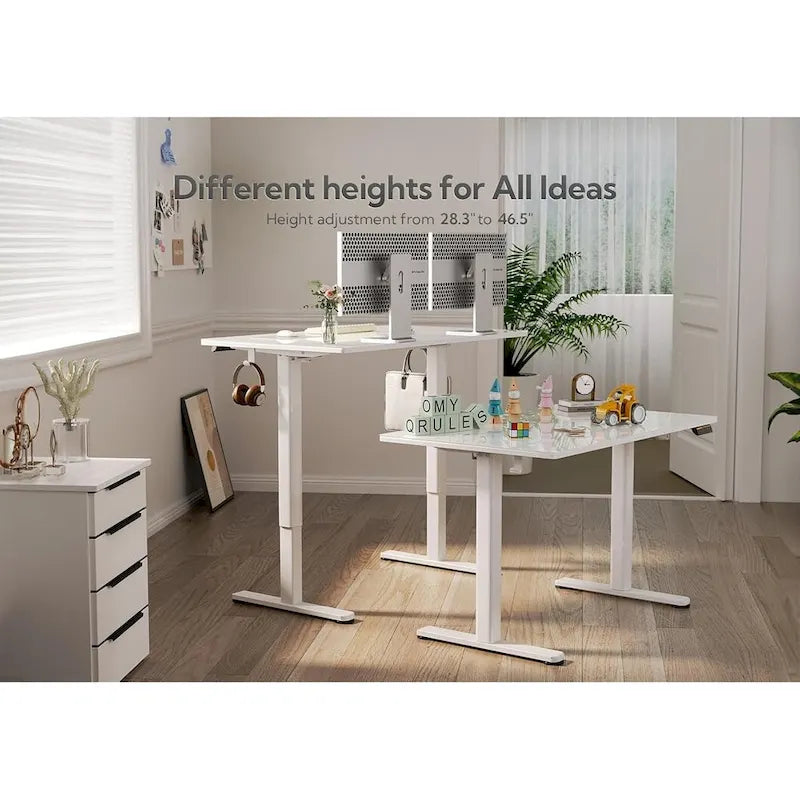 Bureau réglable en hauteur électrique avec plateau en verre trempé blanc