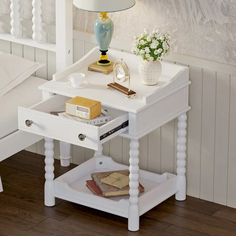 Table de chevet rétro avec tiroir et étagère ouverte, pieds fuseau, blanc/naturel/noyer