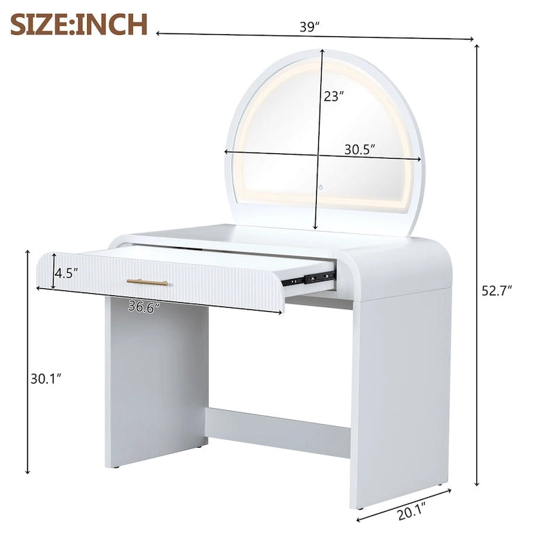 Table de toilette blanche avec miroir LED tactile et tiroir